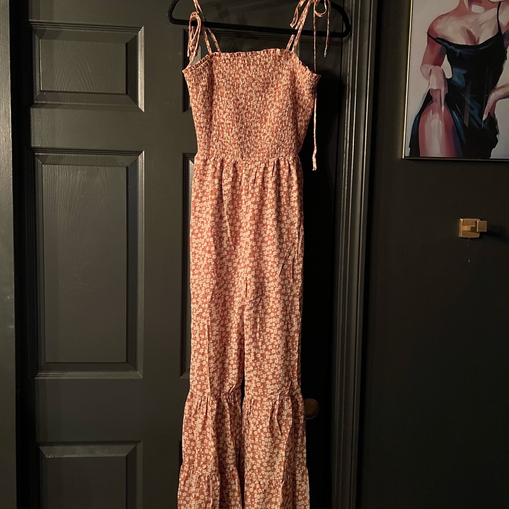 Pink floral jumpsuit flare leg